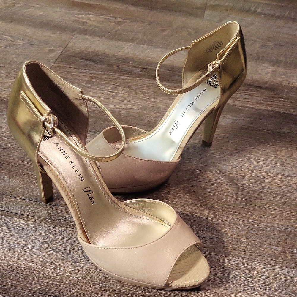 Anne Klein Gold and Cream Peep-Toe Heels